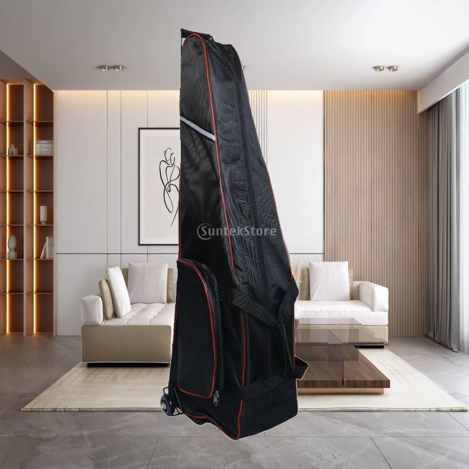 Standard-size fencing bag with wheels, backpack straps and wheels.
