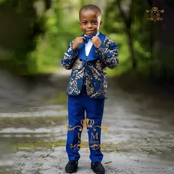 Kids tuxedo 3-piece jacket vest pants royal blue jacquard shawl lapel blazer, custom boys' suit for wedding dance birthday party