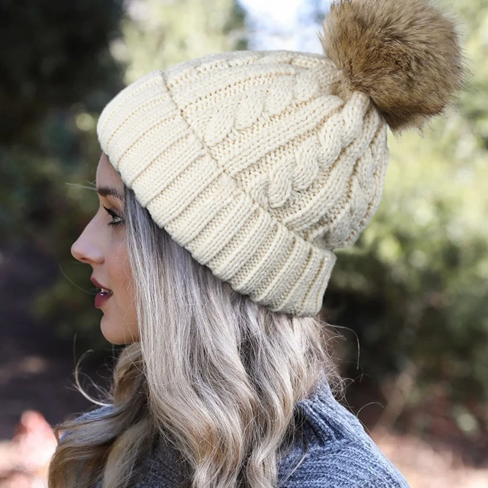 Women's Warm Double-Layer Cuffed Twist Hat with Double Layer Fleece Lining Beanie with Removeable pom-pom‌ Unisex Winter Ski Cap