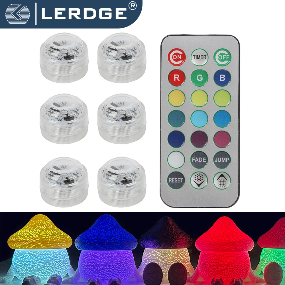 LERDGE 6pcs Gifts Diy Model Without 3d Printing Parts Mini Waterproof RGB LED Tea Lights with Remote Control kc020