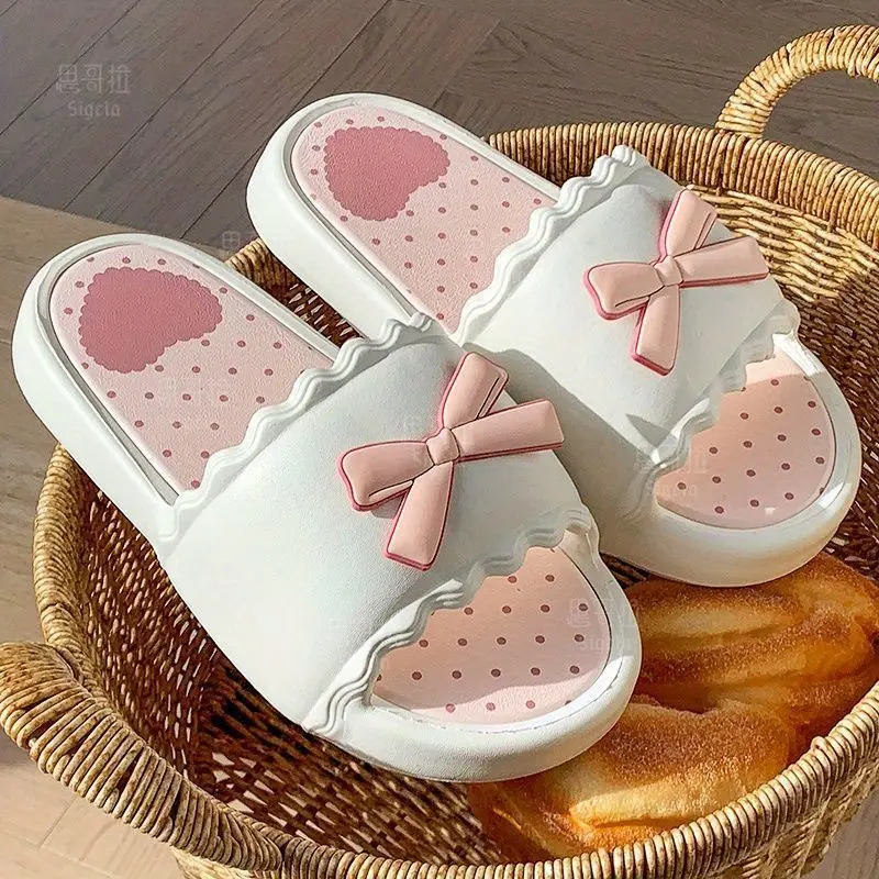 

Нескользящие и не маленькие] домашние тапочки из ЭВА с мягкой подошвой и розовым бантом, летние женские домашние сандалии для купания в общежитии