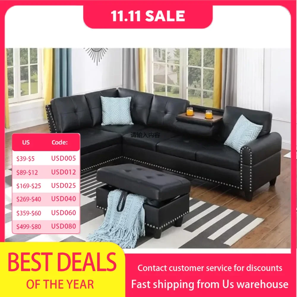 

Transitional PU Faux Leather Sectional Sofa with Lift-top Storage Ottoman, for Living Room in Black Finish