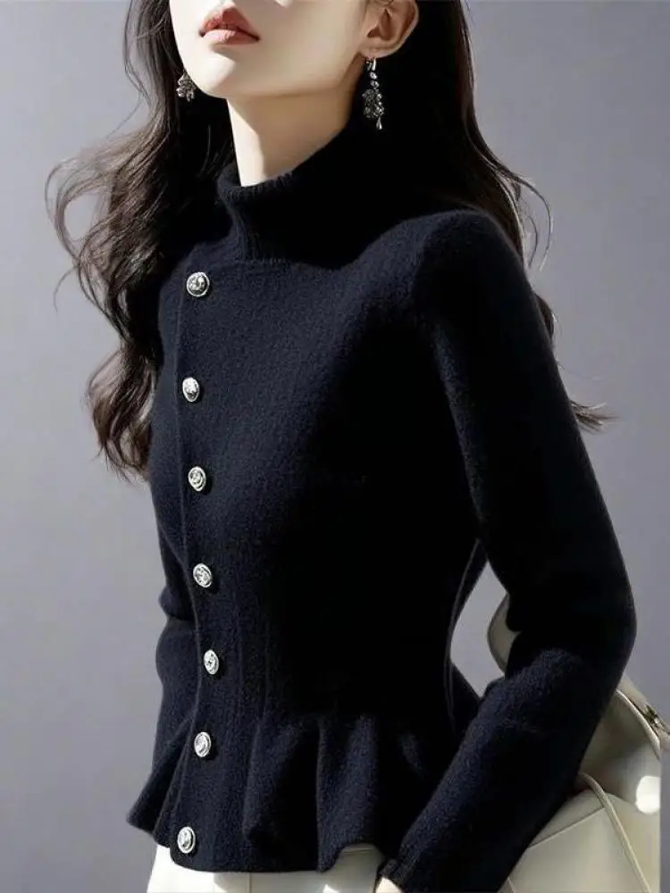 

French Vintage Black Green Long Sleeved Slim Sweater Women Autumn Winter Pink Elegant Single Breasted Office Short Knit Tops New