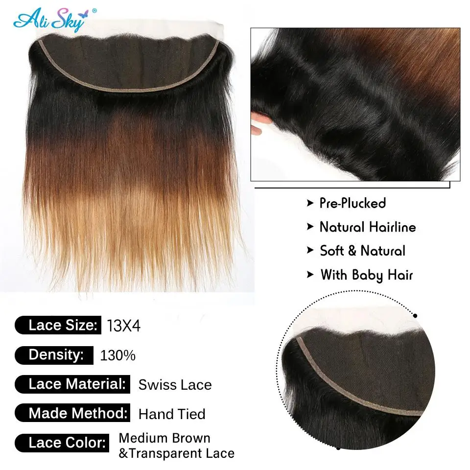 T1B/4/27 13x4 Lace Frontal Ombre Brazilian Straight Lace Closure 4X4 Transparent Honey Blond For Women 100% Human Remy Hair HD
