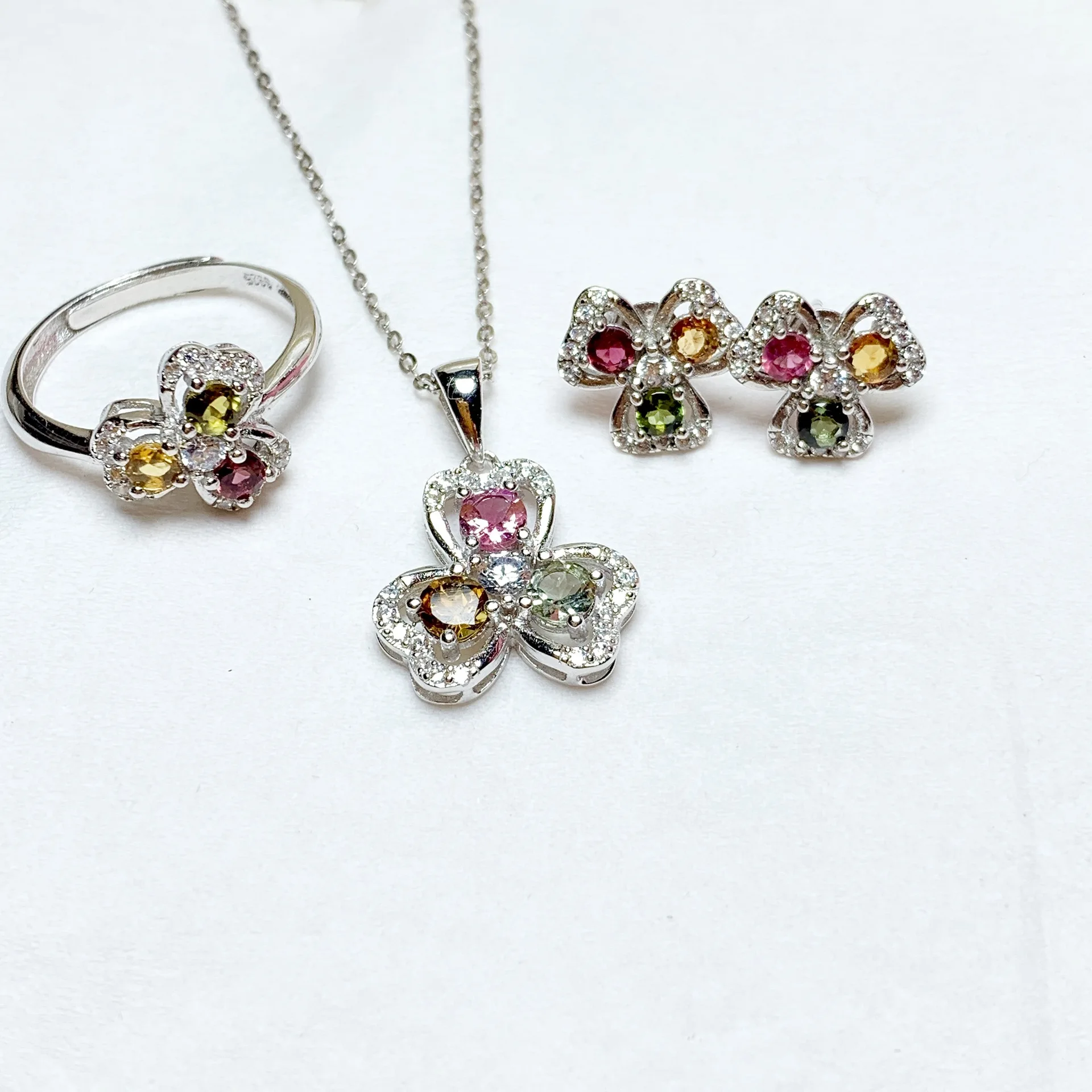 100% Natural Multicolor Tourmaline Jewelry Set 925 Silver Tourmaline Ring Earrings Pendant Fashiongemstone Jewelry Set for Party