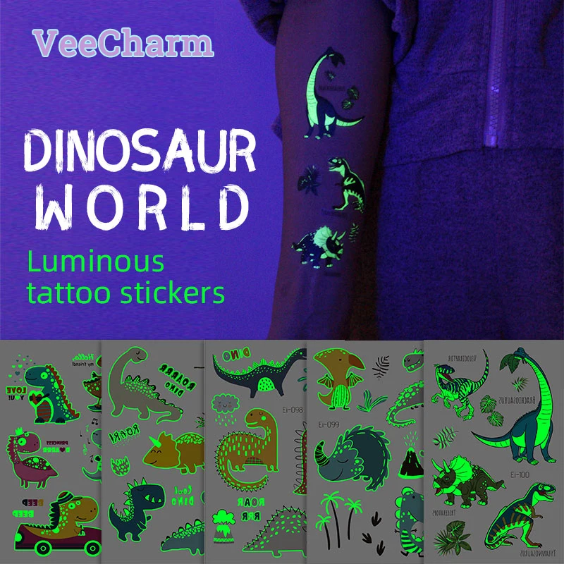 

VeeCharm - Dinosaur Luminous Temporary Tattoos For Kids, T. rex, Tattoo Sticker, Glow Party Supplies, Arts & Crafts, 1/24 Sheet