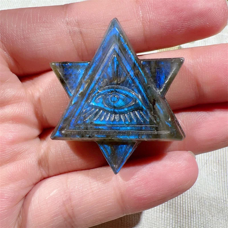 Natural Labradorite Crystal Hexaxed Star All-seeing Eye Hand Carved Amulet Folk Art Wicca Crafts Sculpture 1pcs 39x34mm
