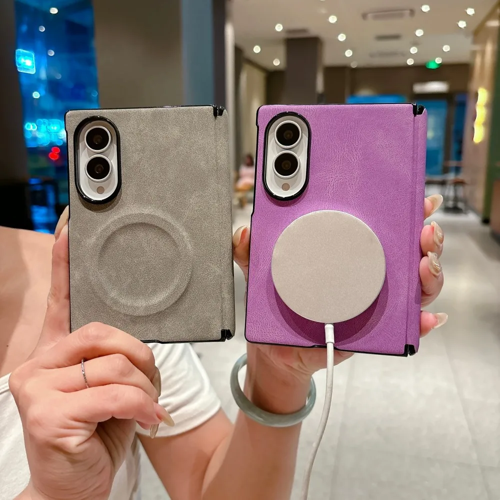Case For Samsung Galaxy Z Fold 8 Wide Solid Color Leather Shell Magnetic Wireless Charger Protection Hinge Shockproof Back Cover