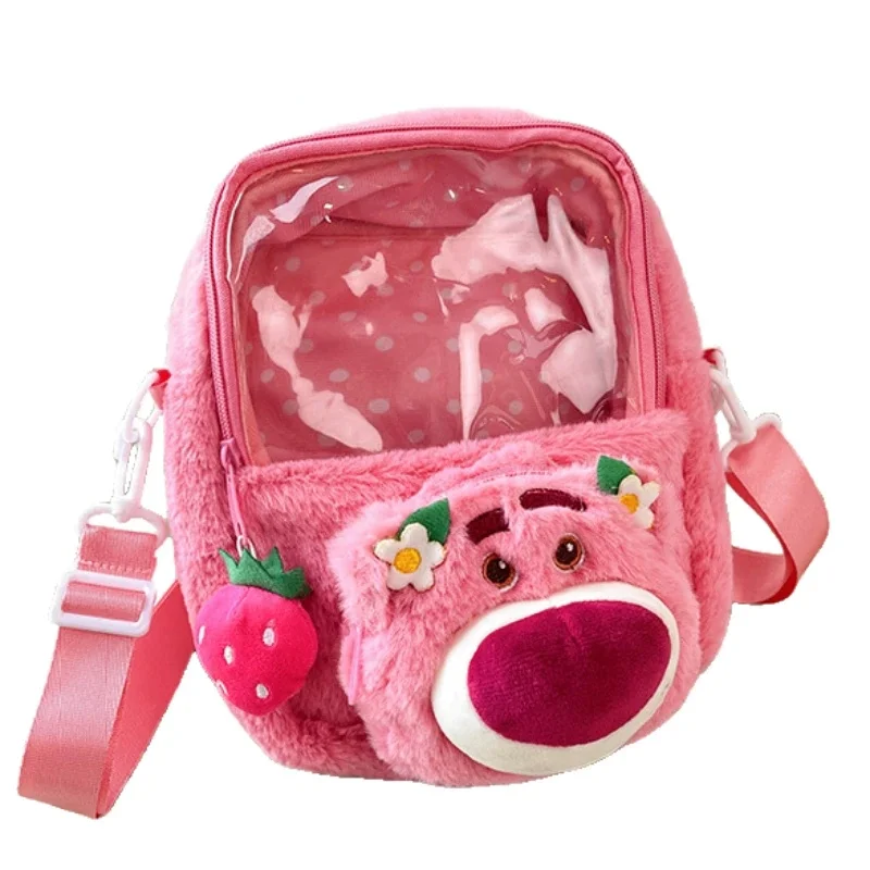 22CM Disney Lotso Plush Shoulder Jelly Bag Cartoon Pink Pooh Bear Translucent Plush Crossbody Bag Is Cute and Portable