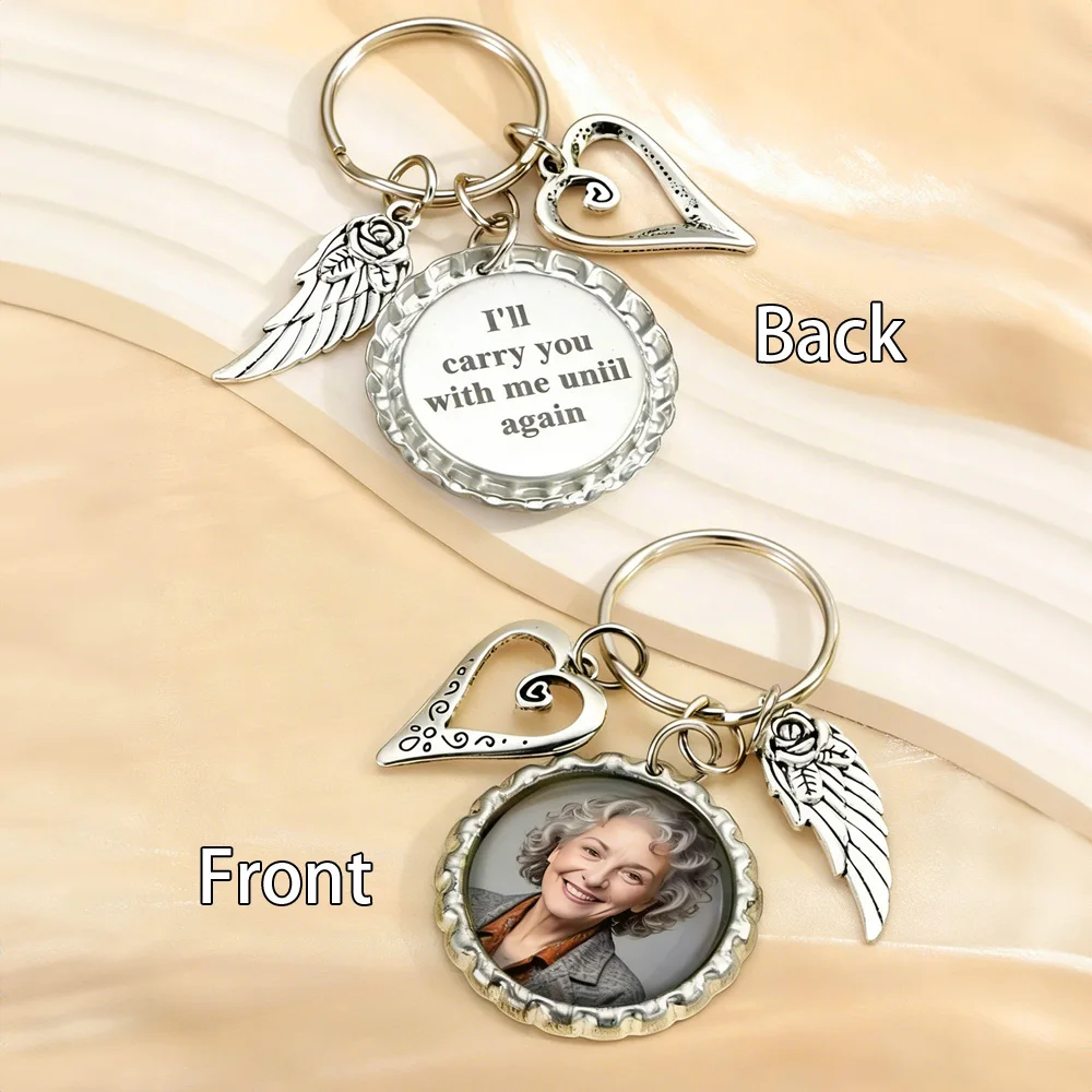 Personalized Photo Memorial Keychain, Angel Wing Charm