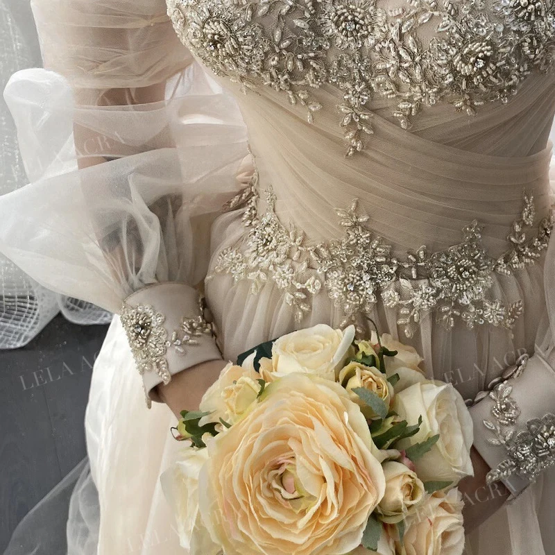 Abiti da sposa da spiaggia Romantico staccabile manica lunga Tull Lace-Up A-Line Abito da sposa Principessa Plus Size Sweep Train Realizzato su misura