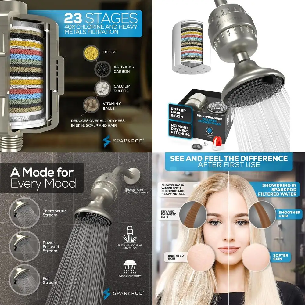 

3-Setting Filtration Shower System - Reduces Chlorine, Heavy Metals for Pure Water and Skin Health (Brushed Nickel)