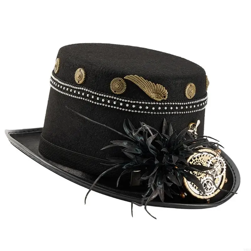

Y88A Steampunk Gothic Top Hat With Studded Gear Gothic Themed Cosplay Costume Accessories