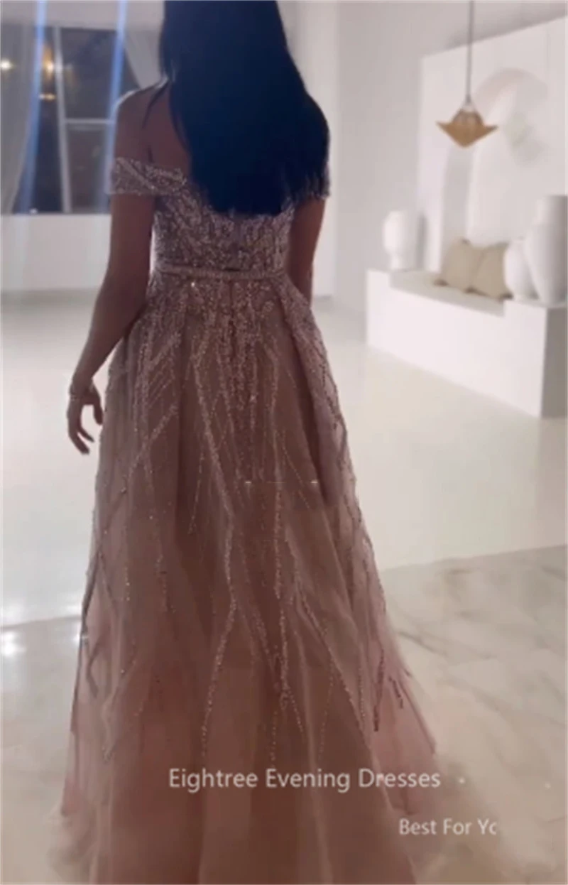 Eightree Pink Shiny Sequins A Line Party Dresses Saudi Arabic Sweetheart Off Shoulder Dubai Evening Dress Special Occasion Gowns