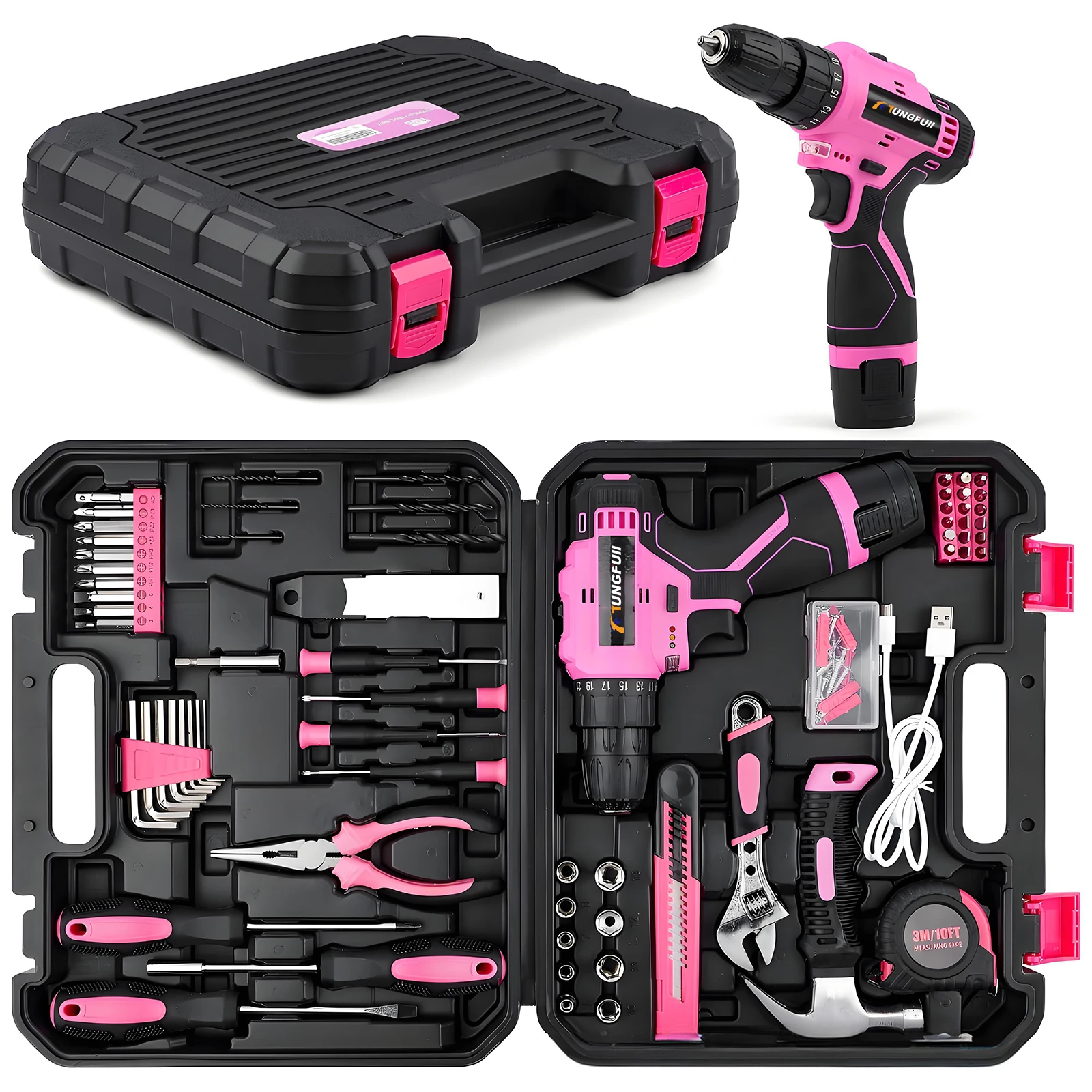 12V Cordless Drill Driver Kit Power Drill Driver Portable Home Decor Kit Screwdriver Drill Set Pink for Women DIY Enthusiasts
