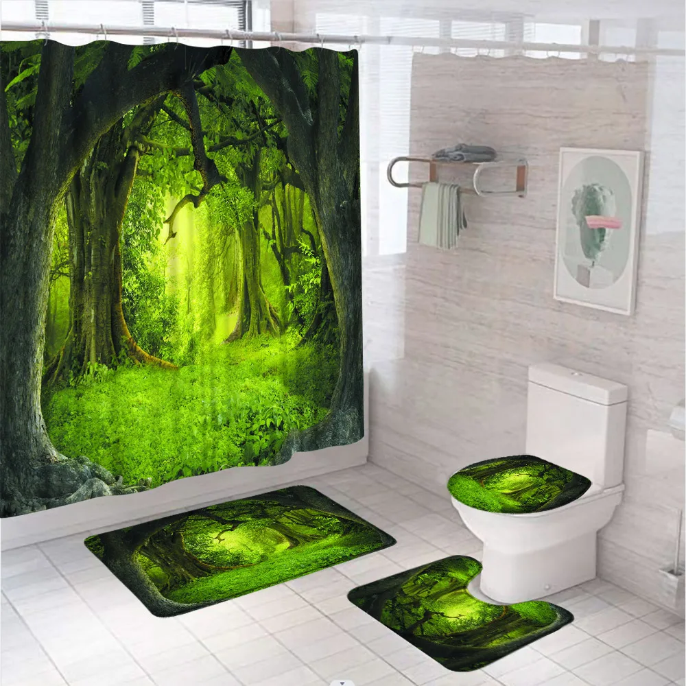 

Fantasy Forest Garden Shower Curtain Set Green Tree Jungle Scenery Screen Bathroom Decor Anti-Slip Rug Toilet Lid Cover Bath Mat