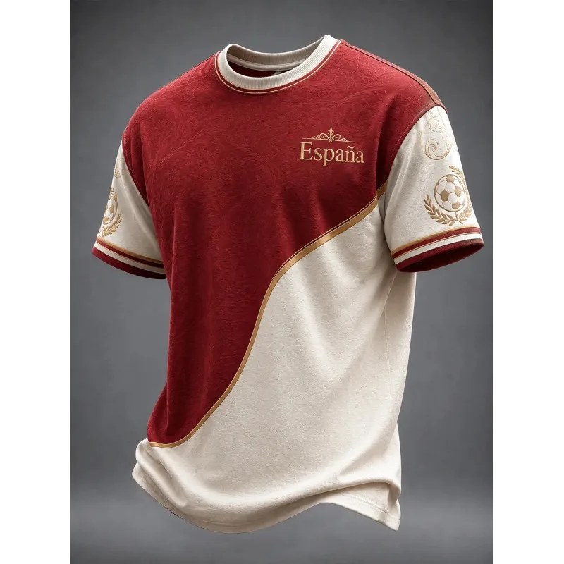 2026 High-end 3D Espana Fans Soccer T-shirt Gold Floral Print Red White Crew Neck Breathable Unisex Football Short Sleeve Top