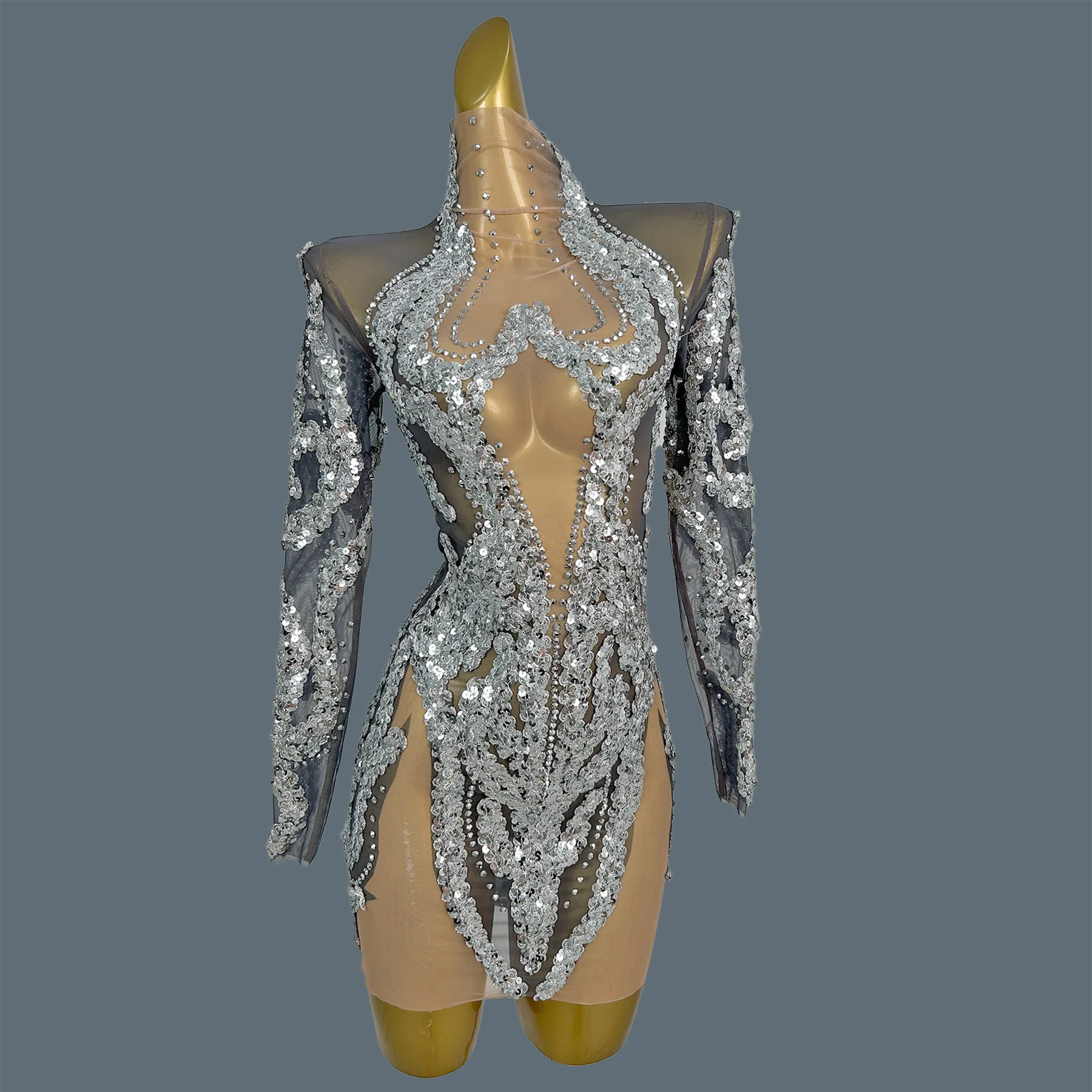 

Sexy Women Night Club Party Sparkly Silver Sequins Mesh Bodycon Mini Dress Dance gig Outfit Long Sleeves Bandage Dress Shibei