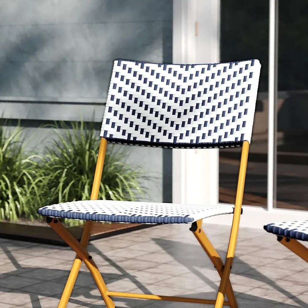 Ciel-Chaises de bistrot françaises pliantes en rotin PE, deux pièces, bleu marine et blanc, finition naturelle, cadres métalliques, intérieur et extérieur