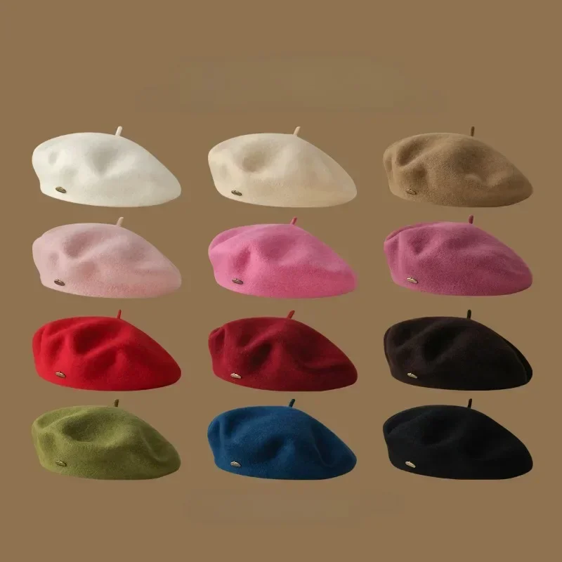 Women High Quality Wool Beret Metal Copper Buckle Solid Color Painter Hat Satin Embroidery Vintage Logo Beanie Hat