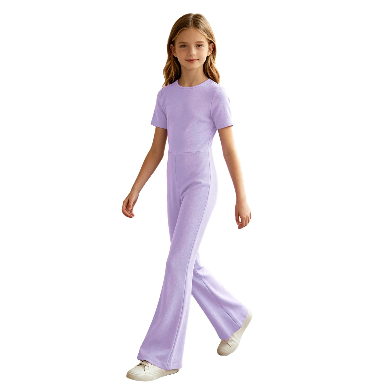 Kids Girls Casual Solid Color Jumpsuit Special Needs Adaptive Clothing Short Sleeve Anti-strip Back Zipper Bell-bottom Rompers view 2