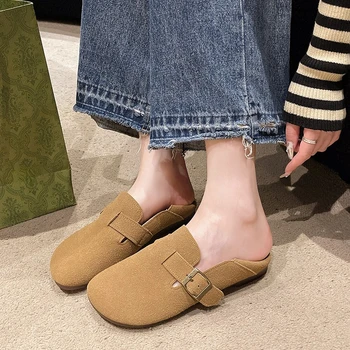 Suede Round Toe Deep Mouth Metal Buckle Soft Sole Non-Slip Single Shoes Women's Fashion Low Heel Shoes