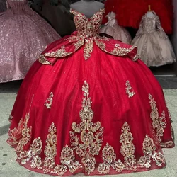 ANGELSBRIDEP Dostosowane błyszczące czerwone suknie balowe Suknie Quinceanera 2025 ze złotymi aplikacjami Sweet 16. Sukienka Vestidos De Xv Años