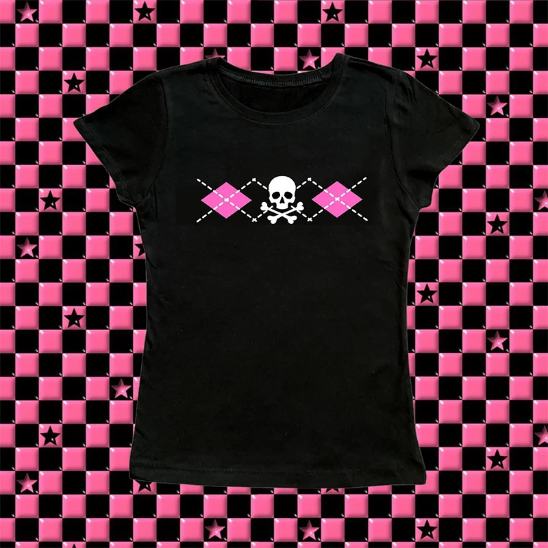 Cute Pink Baby Tee Aesthetic Grunge Graphic Print Y2k Clothes Punk Emo Girl Crop Top Gothic Slim Vintage Women Streetear T-shirt