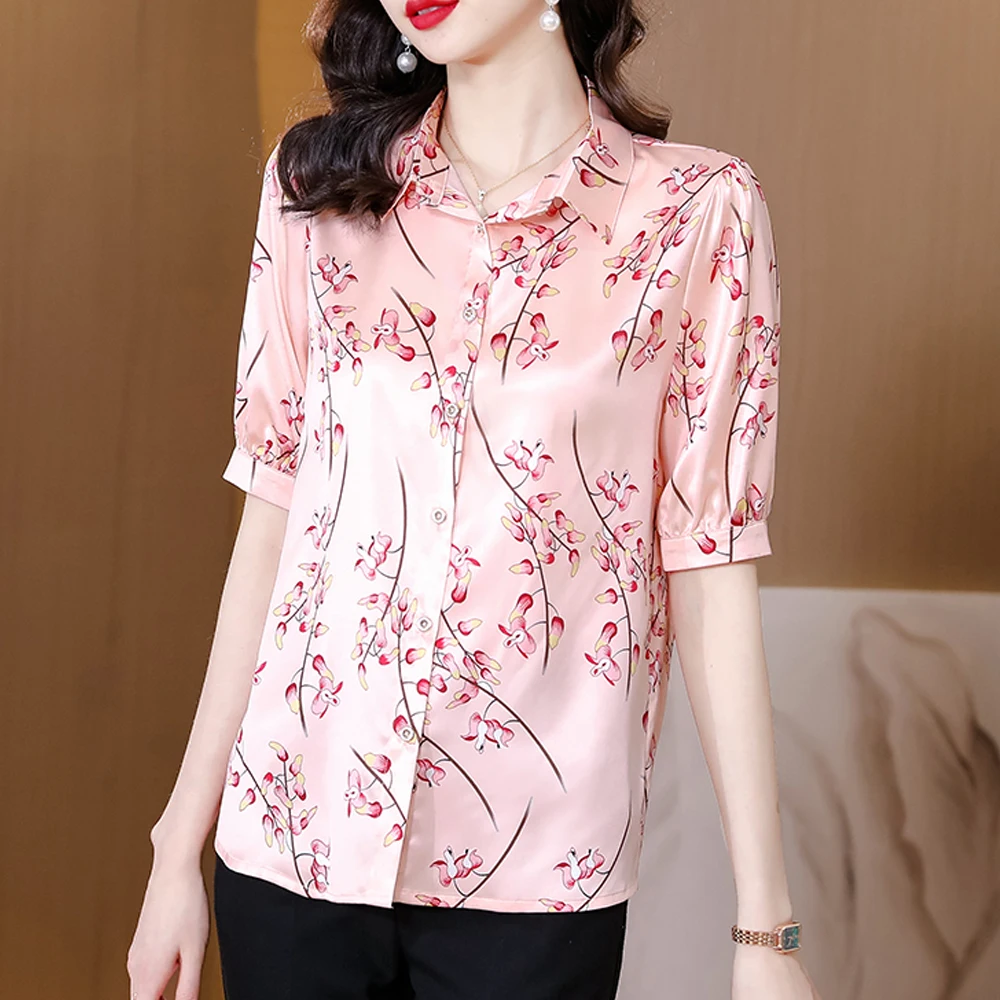 New Summer Fashion Printed Satin Blouses Women 2024 Office Lady Short Sleeve Shirts Outwear Tops Female Casual Clothes Blusas