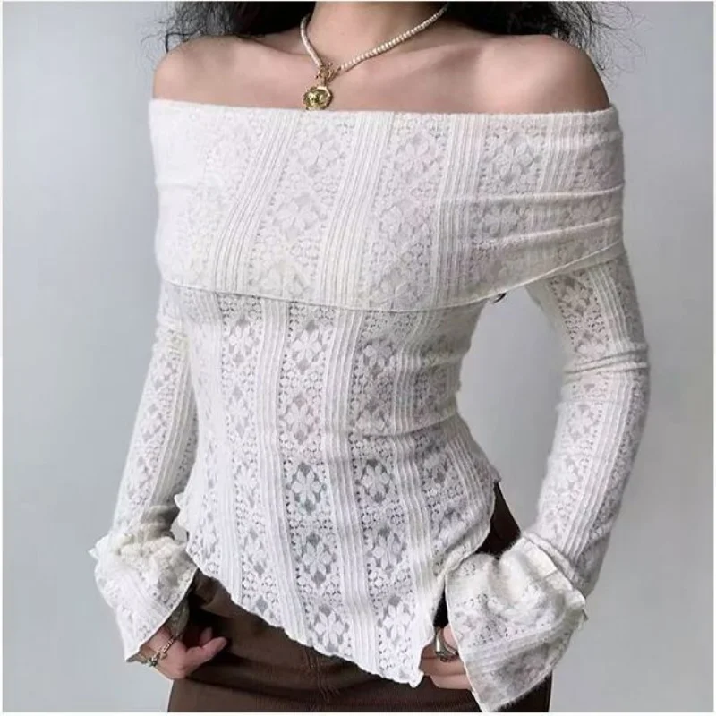 Women Clothing Sexy Off Shoulder Lace Hollow Out Asymmetrical T-shirt Y2K Fairy Vintage Solid Long Sleeve Slim Club Tops Female