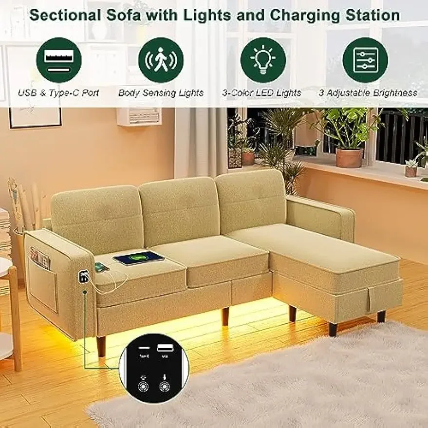 Convertible Sectional Sofa Couch with LED Lights/USB/Type C Port, Modern L Shaped Couch with Auto Sensor Light, Reversible