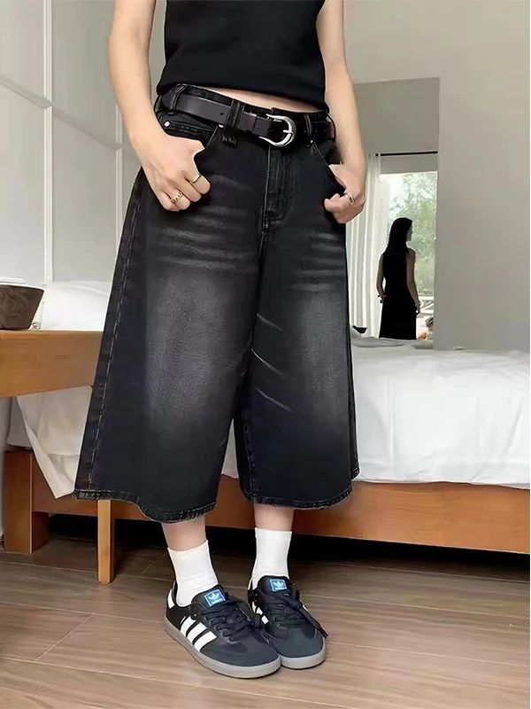 

American Style Vintage Faded Black Denim Seven-Foot Pants Women's Spring Summer New Loose Wide Leg Short Pants Casual Wear