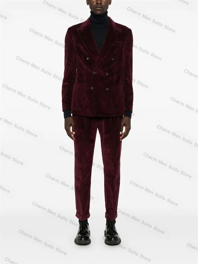 

Corduroy Burgundy Men Suits Pants Set 2 Piece Blazer+Trouser Customized Wedding Tuxedo Double Breasted Formal Office Prom Jacket