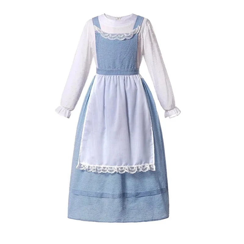 

Little House Prairie Pioneer Girl Costume Pastoral Blue Plaid Long Dress Carnival Purim Halloween Cosplay Fancy Party Dress