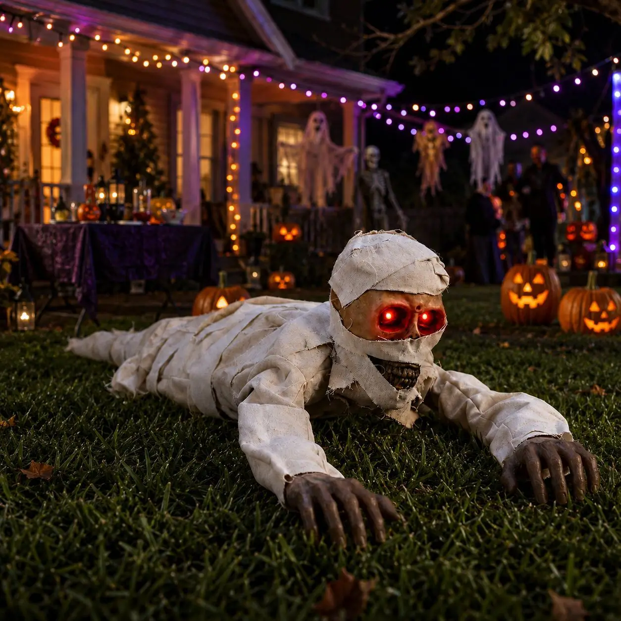 Scary Crawling Mummy Figurine With LED Red Eyes Halloween Indoor Home Decor Creepy Animated Zombie Prop Holiday Party Ornament