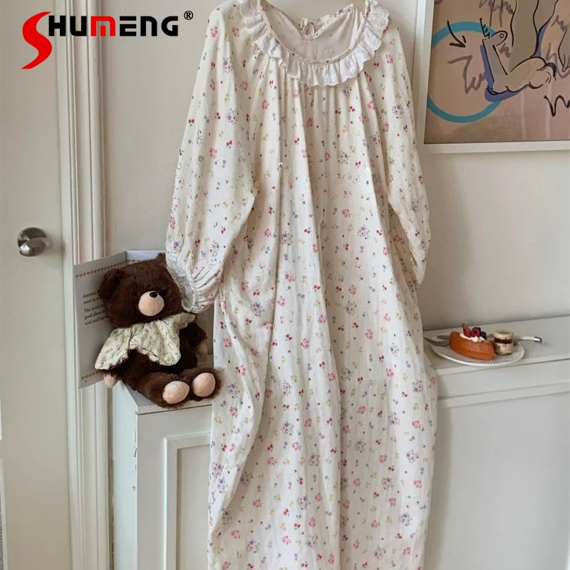 

Ladies All Cotton Double Layer Nightdress Gauze Sweet Floral Lace Nine Quarter Sleeve Sleepshirts Women Loose Home Dress