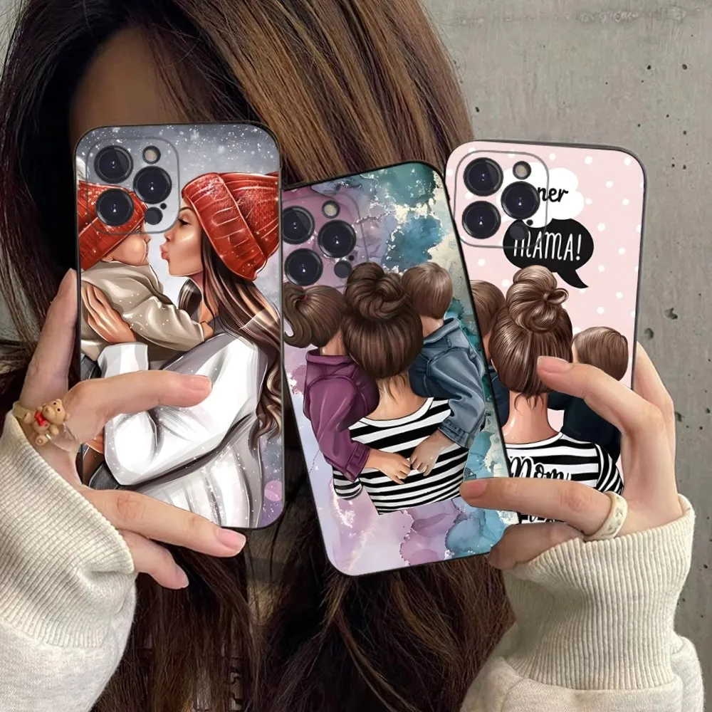 

Black Brown Hair Baby Mom Girl Son Phone Case For iPhone 15 14 11 12 13 Mini Pro XS Cover 6 7 8 Plus X XR SE 2020 Funda Shell