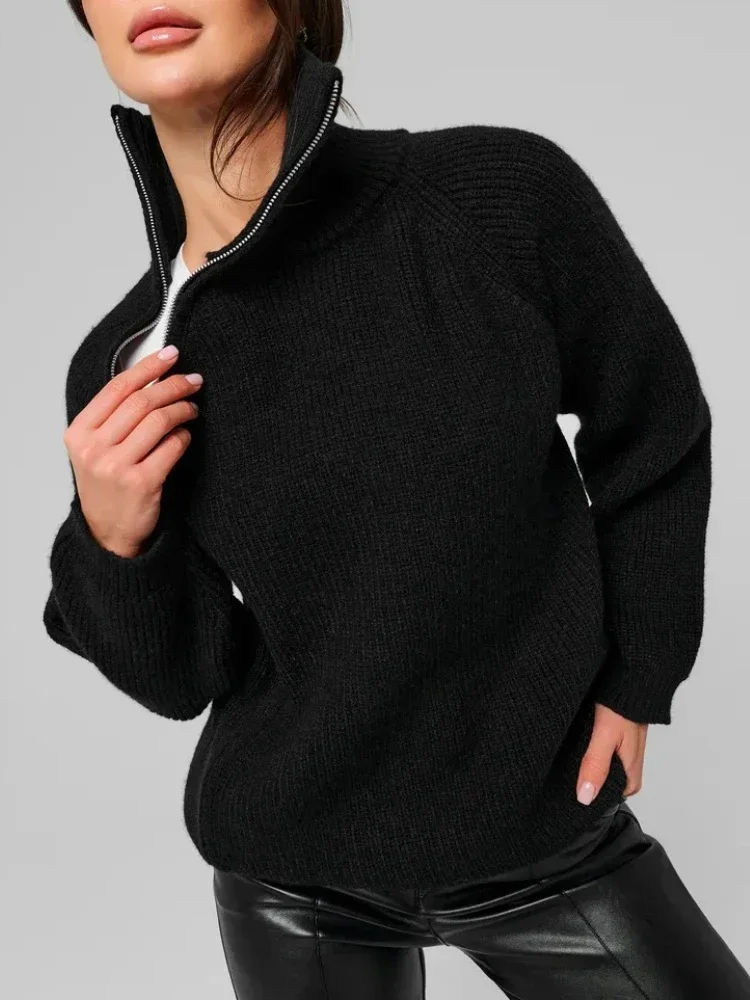 เสื้อไหมพรมคอเต่าผู้หญิงแบบหลวม ซิปคู่ รุ่นปี 2025 สำหรับฤดูใบไม้ร่วงและฤดูหนาว เสื้อสเวตเตอร์คอสูง ผ้าหนา อุ่นสบาย แบบมีซิป