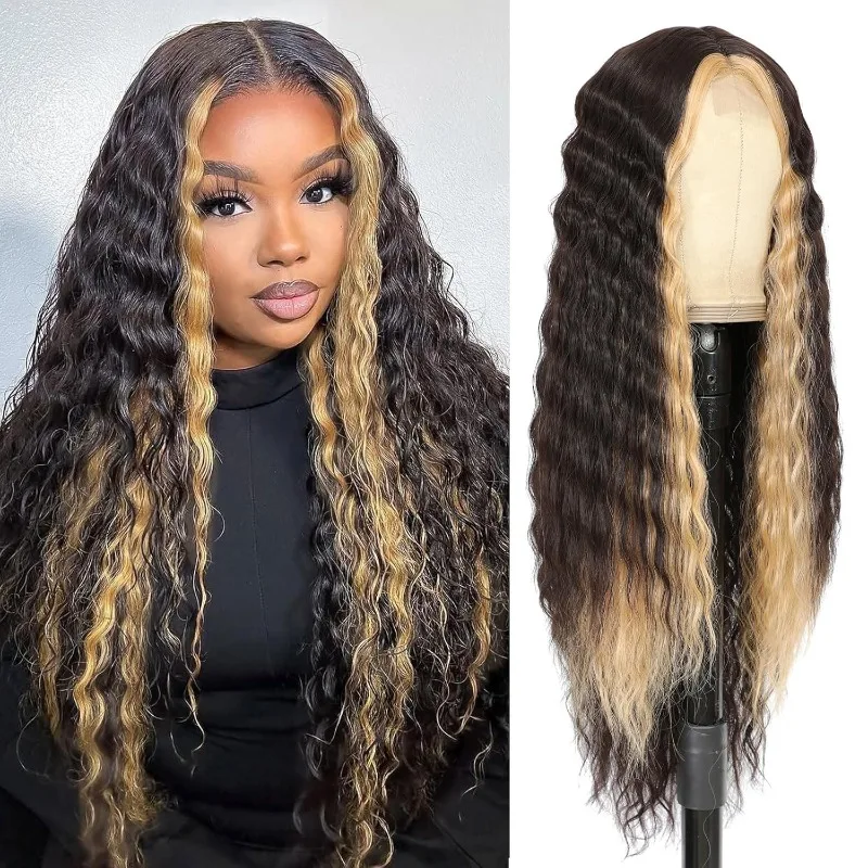 28インチレースフロントウィッグロングディープウェーブ合成ブラウンミックスブロンド女性用ヘア交換ナチュラルクリンプカーリー耐熱性