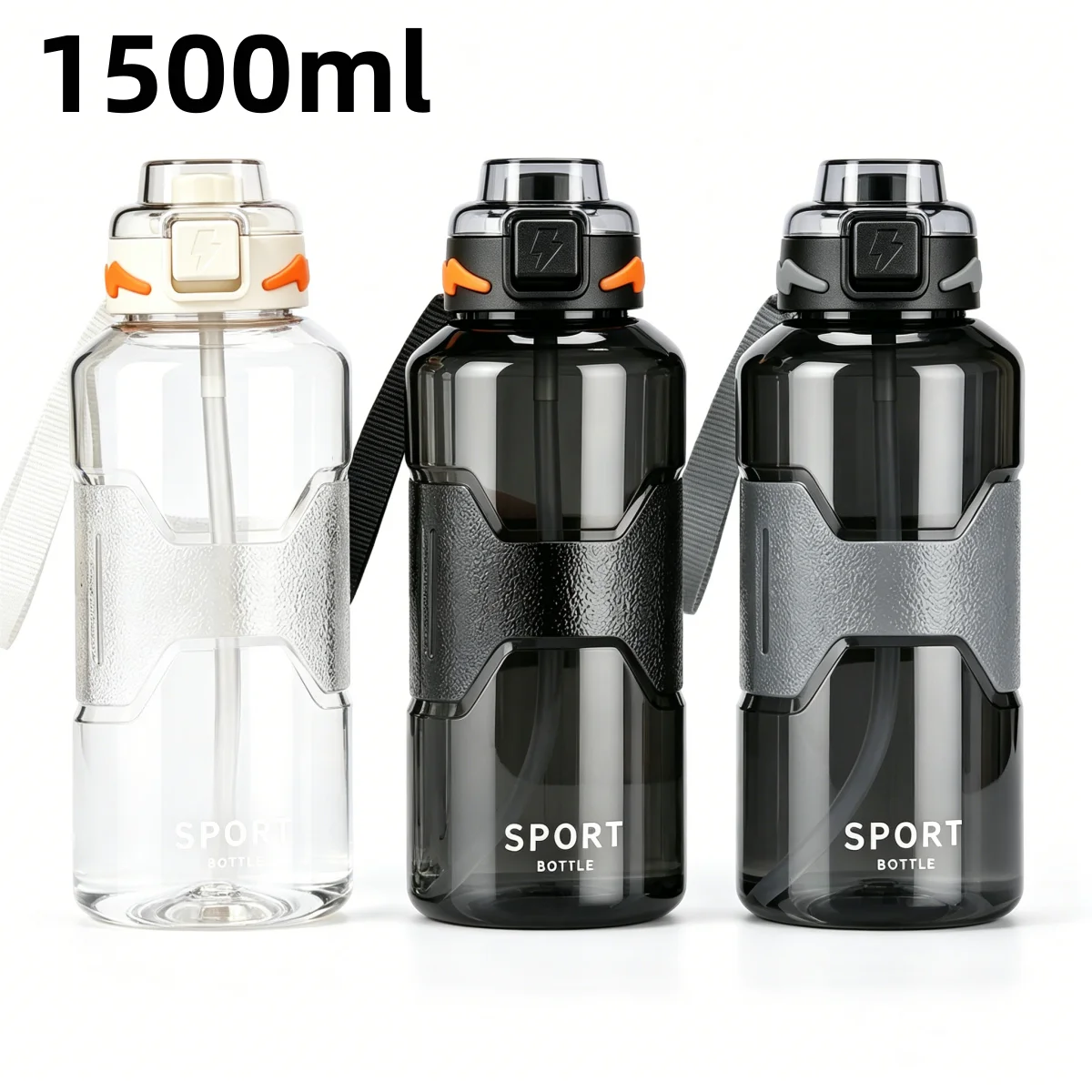 Image of 1,5 l Trinkflasche mit Strohhalm, großes Fassungsvermögen, Kunststoff-Trinkflasche, tragbare Trinkflasche mit Skalenmarkierung für Outdoor-Sportarten