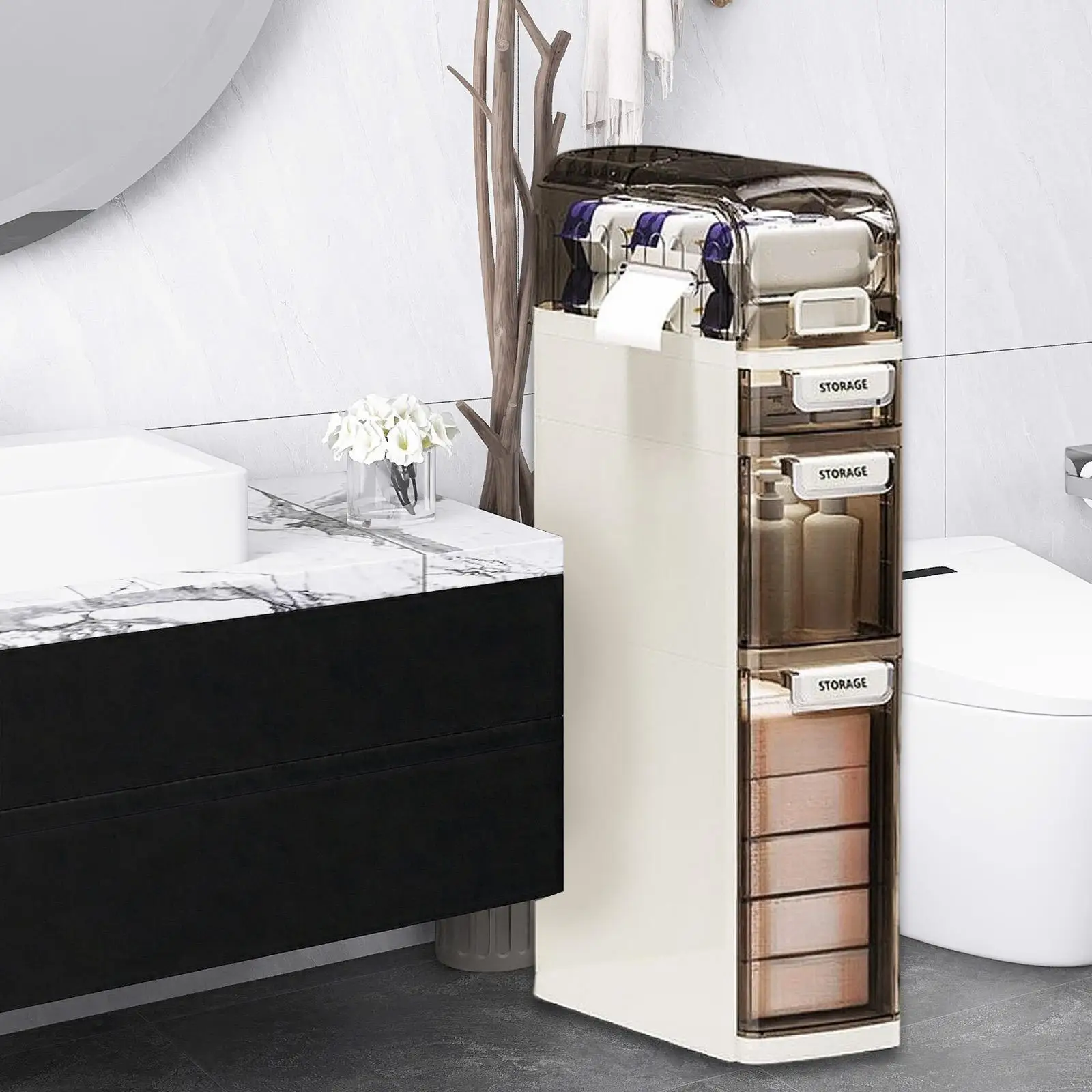 

Bathroom Storage Floor Cabinet 4 Tier with Drawers Handles for Home Dorm