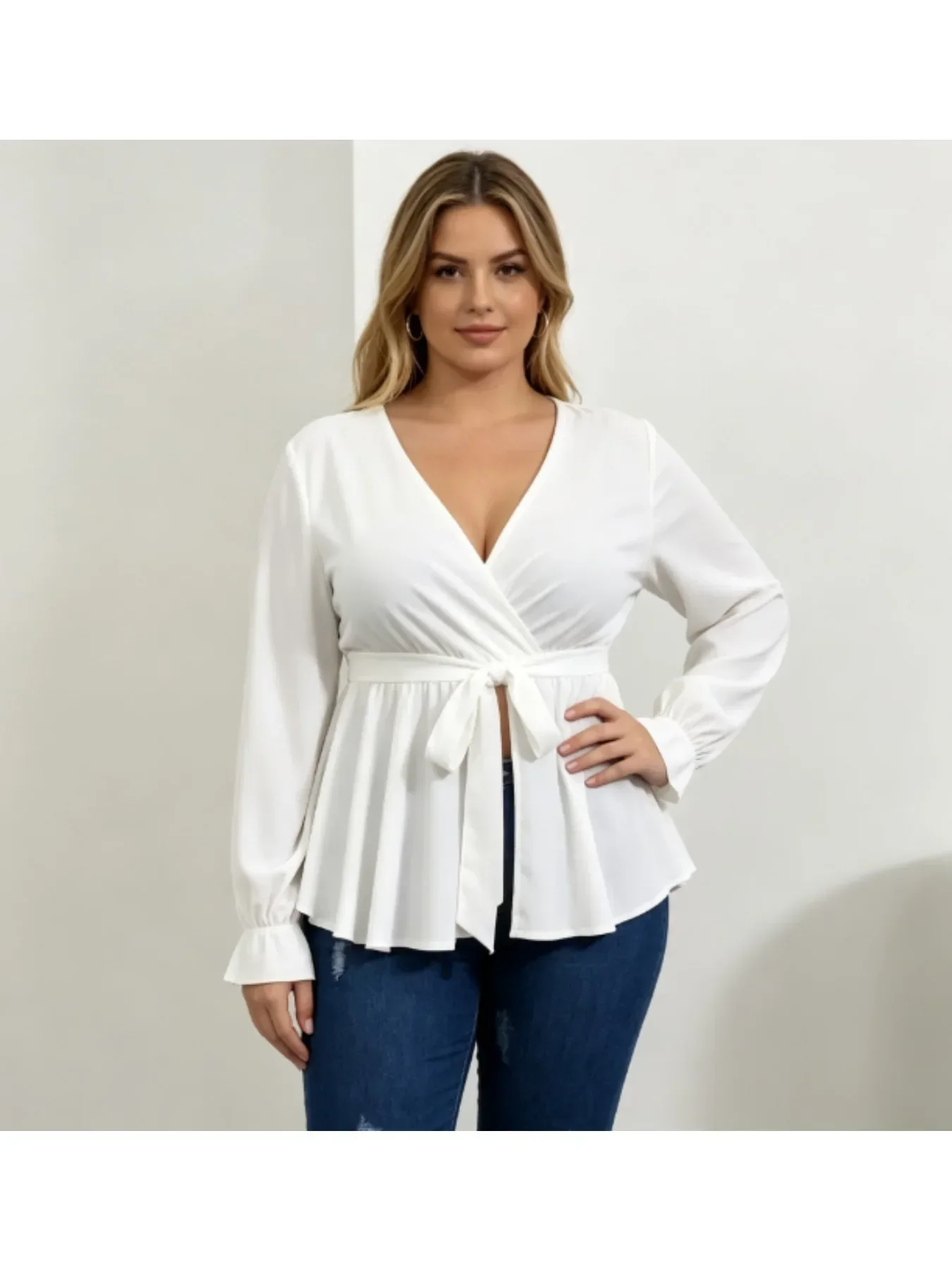 Plus Size Wrap V Neck Peplum Top Women Long Sleeve Ruffle Cuff Self Tie Waist Elegant Blouse