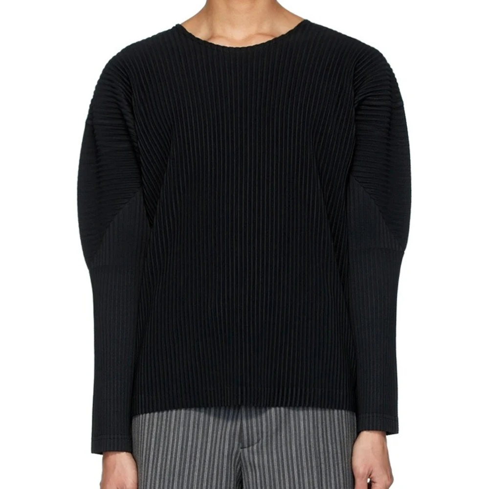 ISSEY Classic Wrinkle Pattern Long-Sleeved T-Shirt Loose Shoulder Round Neck Casual Base Layer Shirt for Men Trendy