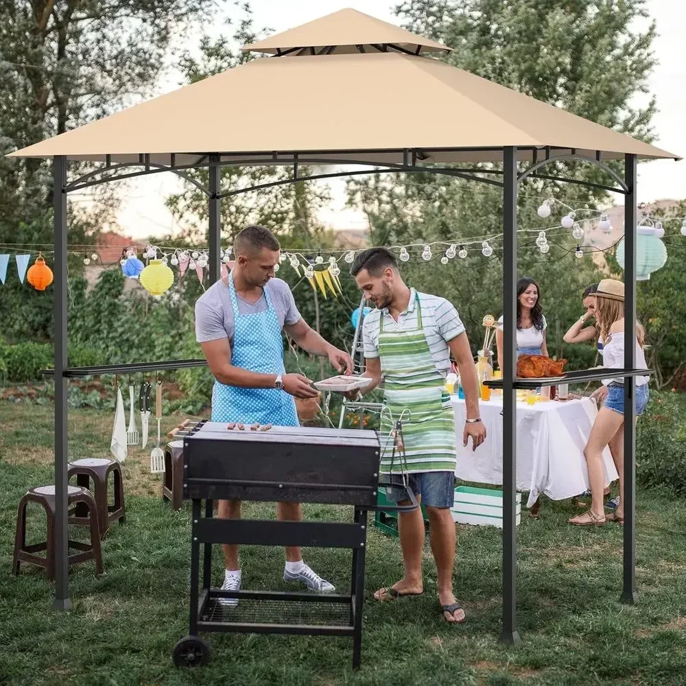 Double-Tier Outdoor BBQ Gazebo with Side Shelves, Hooks, Bottle Opener, Ideal for Patio, Garden, Beach, Backyard (Khaki)