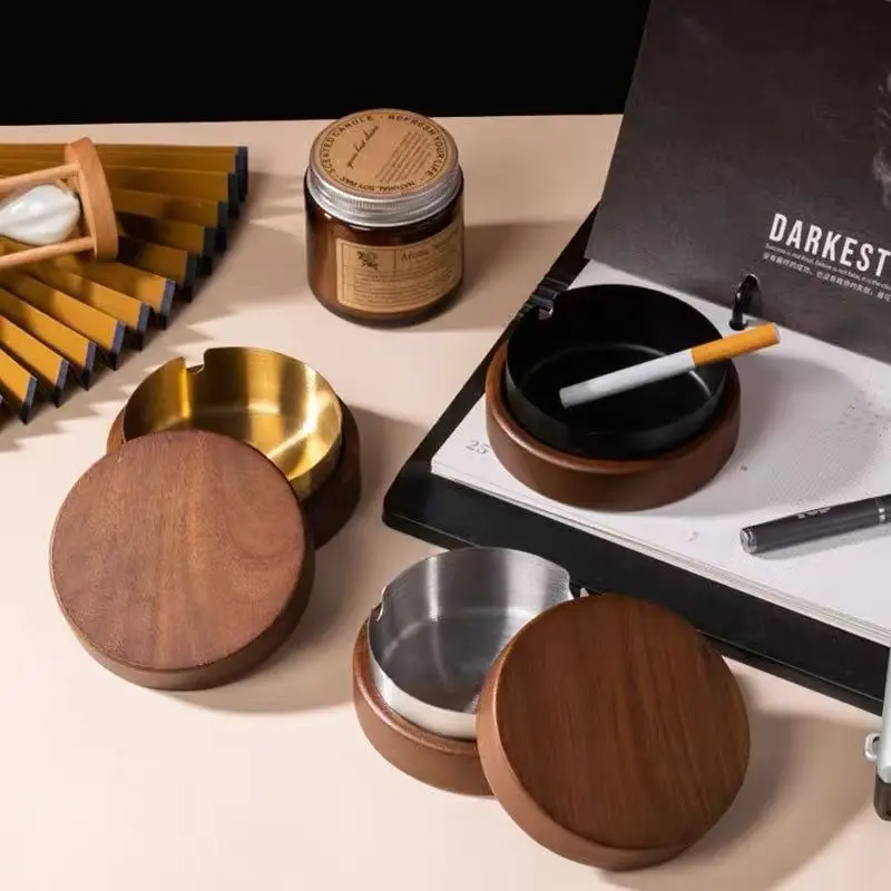 New Creative Ashtrays With Lid Walnut Wood Desktop Ashtray Stainless Steel Windproof Ash Tray for Smoking Office Home Decoration