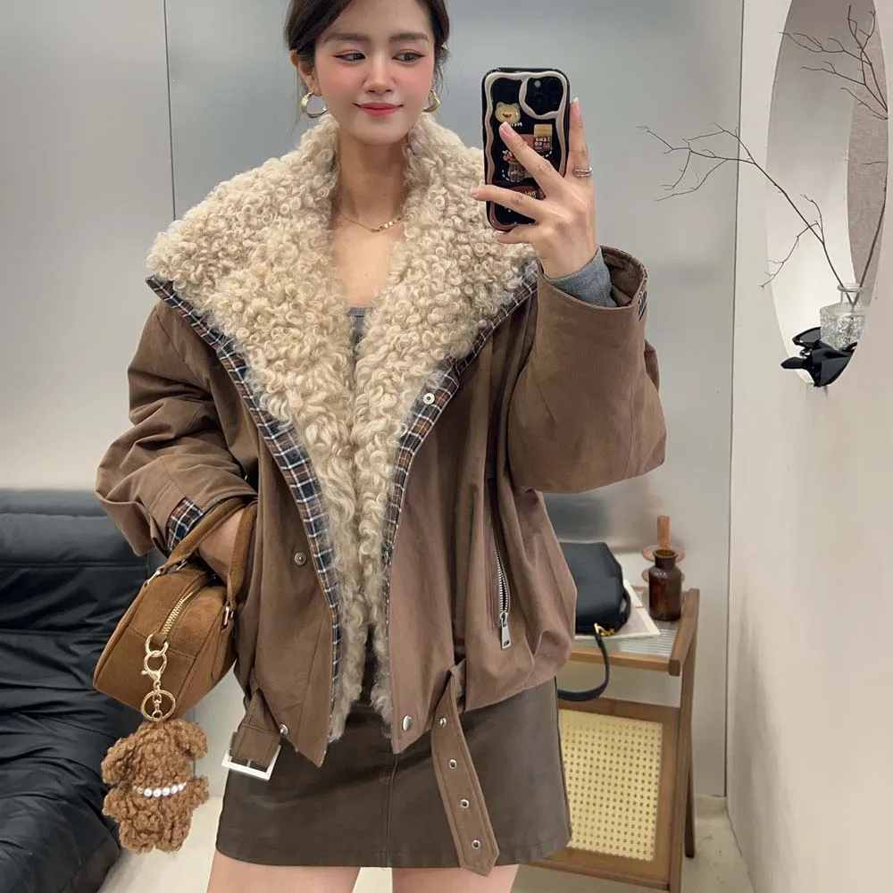 الرجعية الأزياء الفراء طوق معطف المرأة شتاء جديد فضفاض عارضة الدافئة صوف الضأن سترة أوزة أسفل بطانة داخلية يتغلب