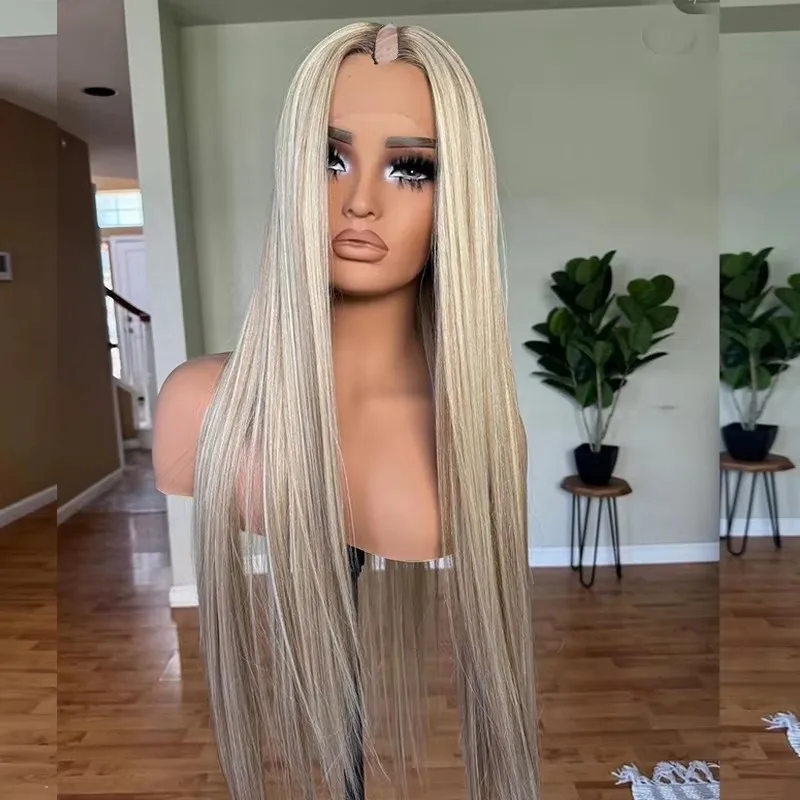 

Длинные прямые парики из натуральных человеческих волос с заколками внутри, V-образные и U-образные парики для чернокожих женщин, с оттенками пепельного блонда и белого, с мелированием.