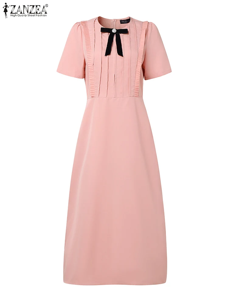 فساتين ZANZEA النسائية الأنيقة على شكل حرف a على شكل حرف a موضة صيف 2025 برقبة دائرية وأكمام قصيرة مكشكشة وتفاصيل فيونكة ميدي رداء نسائي