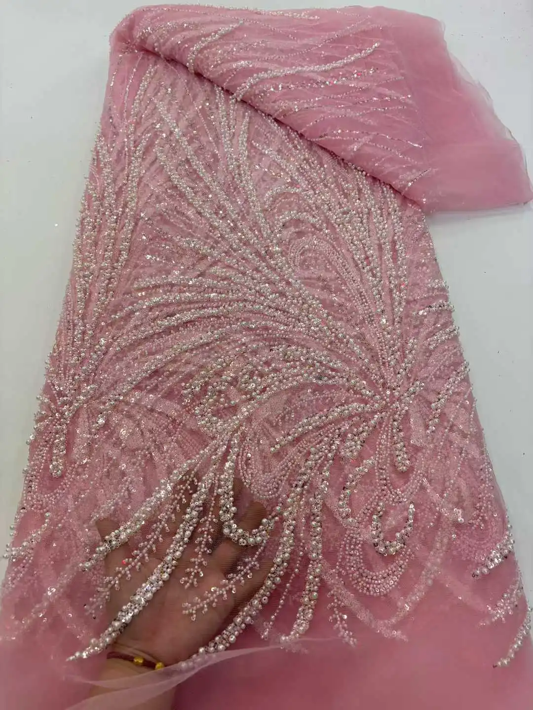 Kain Renda Manik-Manik Buatan Tangan Afrika Mewah 2026 Kain Renda Payet Prancis Nigeria untuk Menjahit Gaun Pengantin