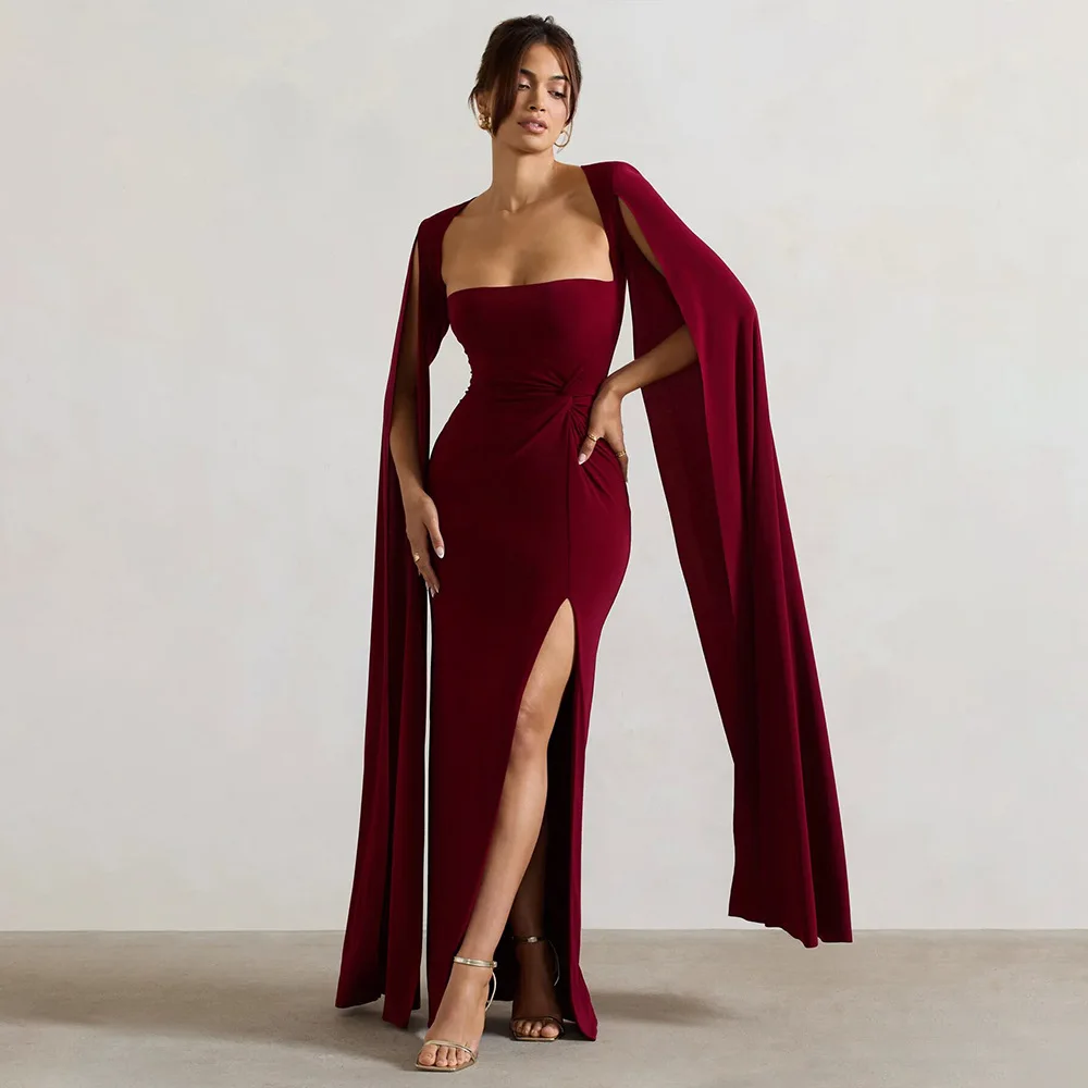 

Putao Simple Burgundy Crepe Evening Dresses Long Cape Sleeves Side Slit Prom Gown Formal Prom Gown Long Celebrity Dress